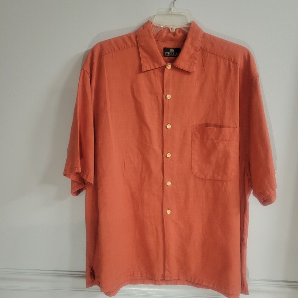 VTG 90s Structure Size Large Linen/Cotton Blend Shirt Short Sleeve Burnt‎ Orange